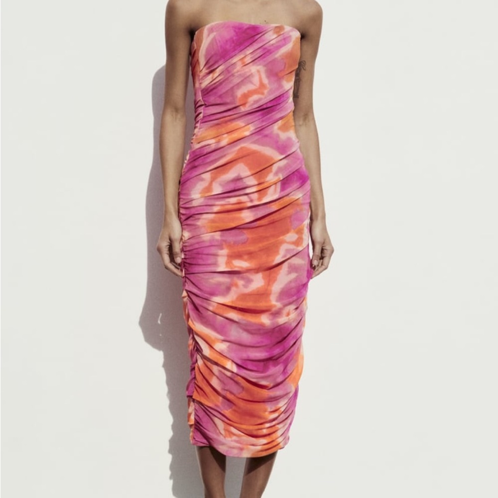 Zara pink orange ruched corset midi dress NWT
